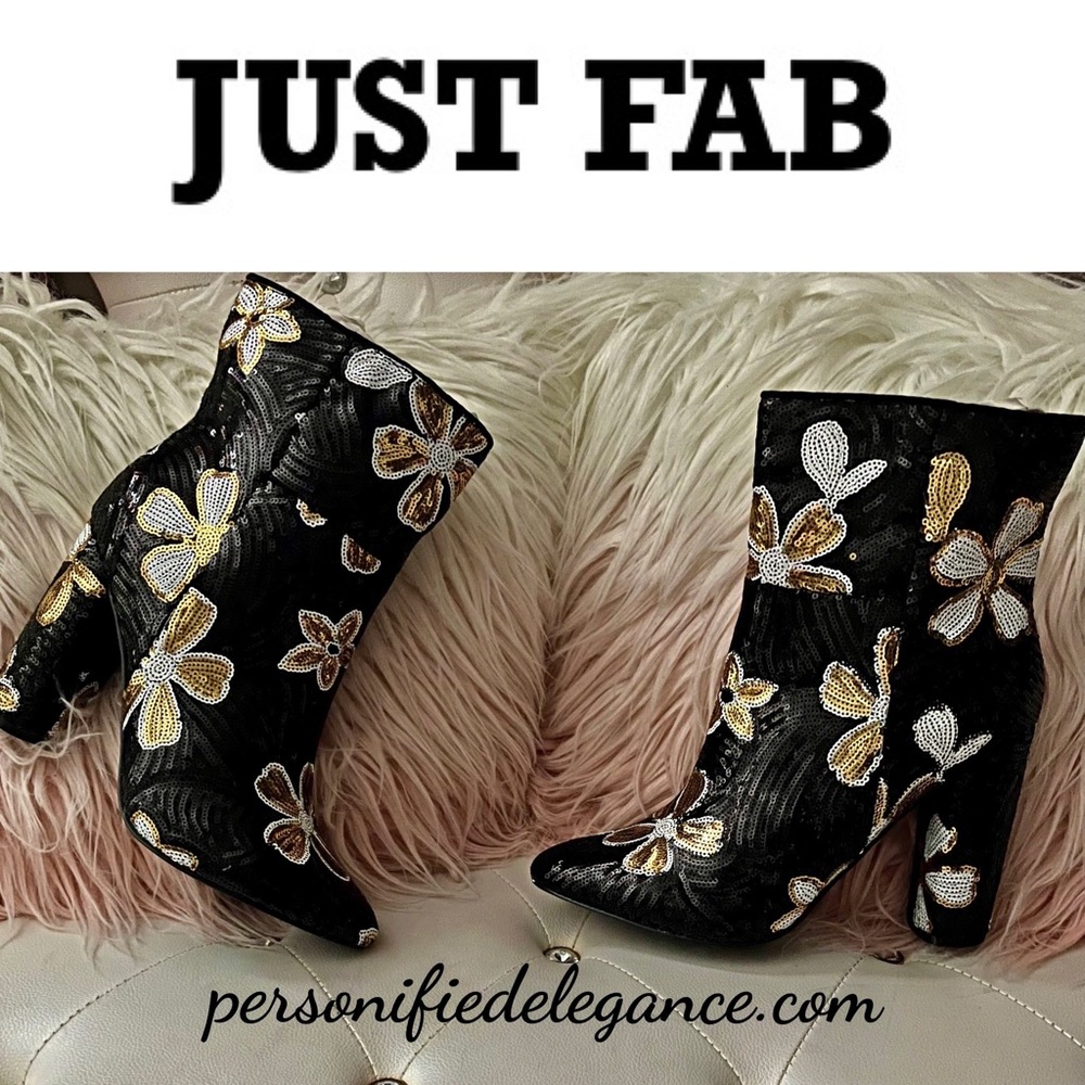 Just Fab Froita Black Gold Floral Sequin Ankle Boots Size 11